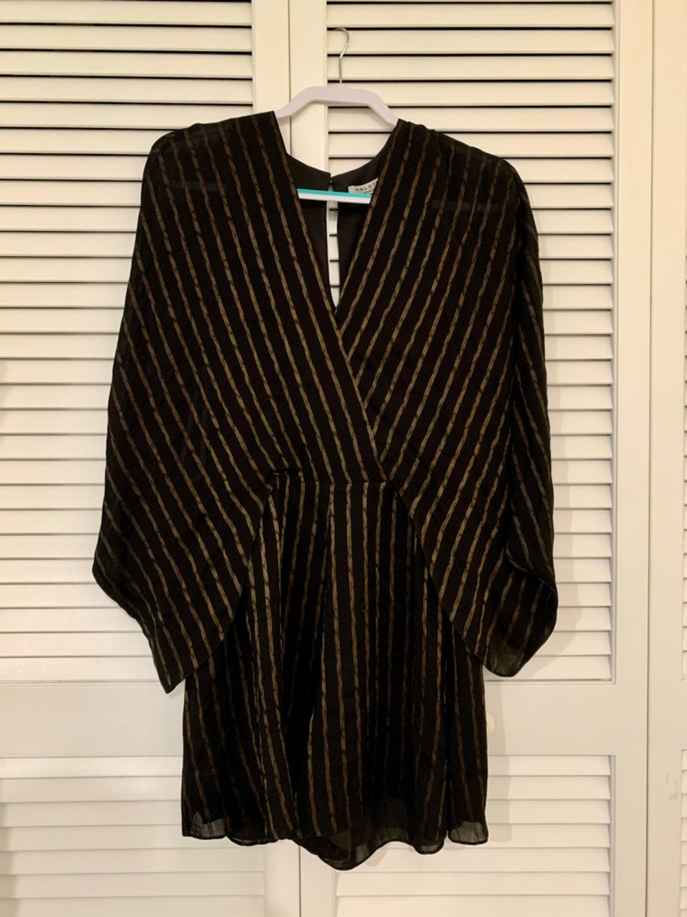 Halston Heritage Black Dress with Gold Pinstripes V-Neck